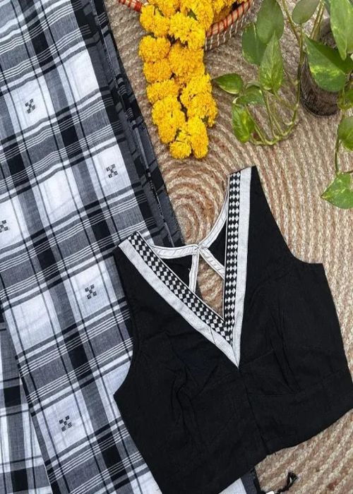 Black Cotton Saree with Check Pattern and Blouse