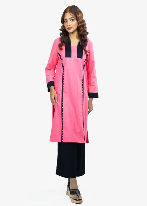 Pink Cotton Contrast Trim Kurta Set