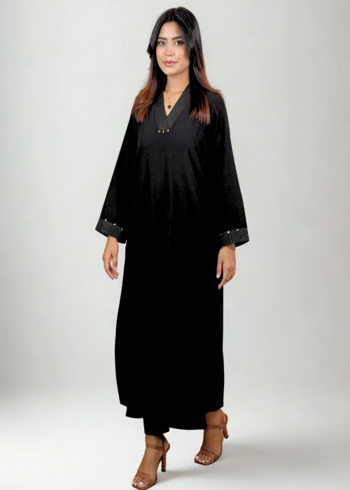 Black Cotton Minimalist Long Kurti with Pleated Detail