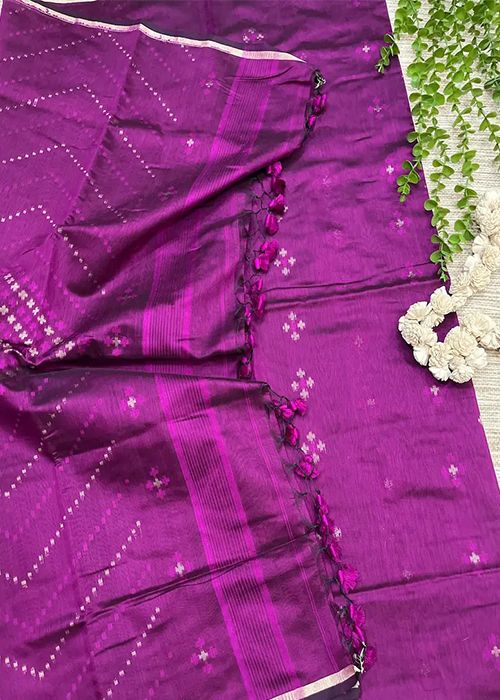 Cotton Silk Jamdani Style Saree with Tassel Pallu