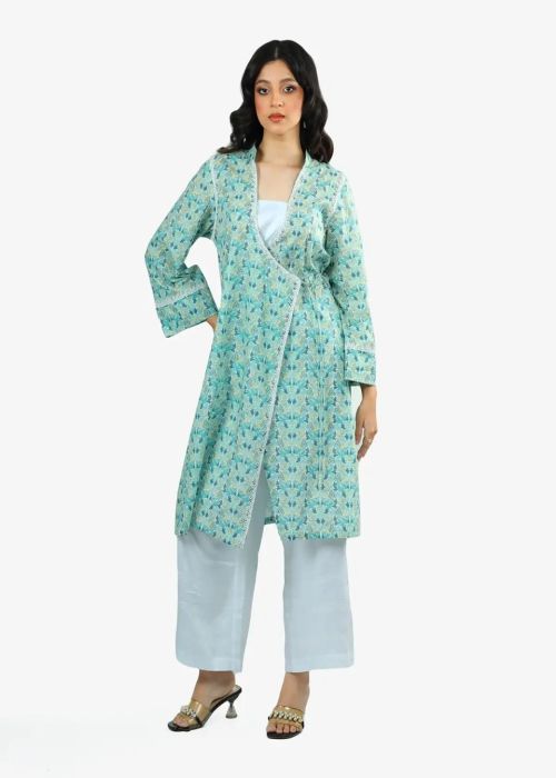 Aqua Floral Cotton Wrap Kurta Set