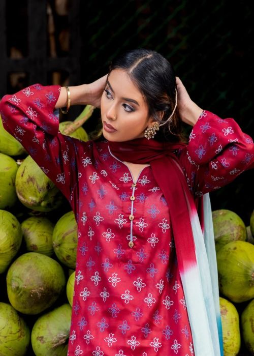 Maroon Printed Cotton Kurta Dupatta Set