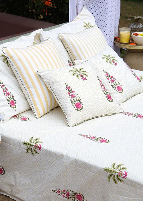 Beige Floral Handblock Cotton Bedsheet