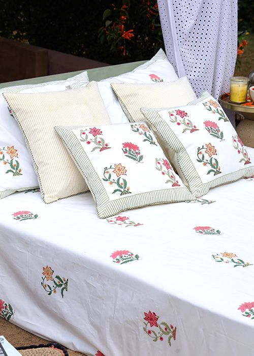 White Floral Handblock Bedsheet 