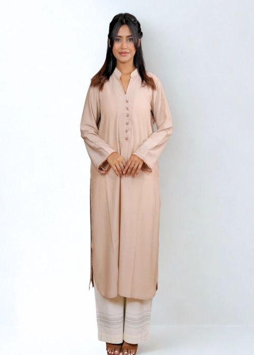 Beige Cotton Straight Kurta with Minimal Button Detail