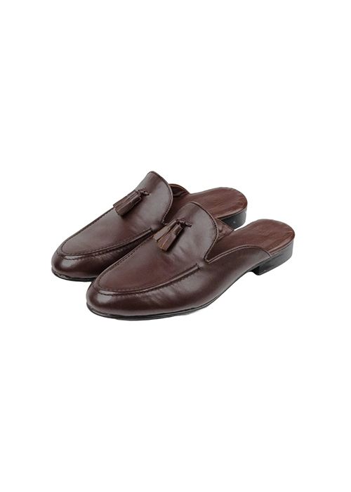 Brown Leather Tassel Mules