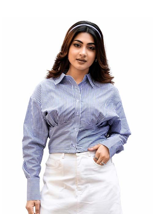 Women’s Cotton Stripe Cropped Casual Full Sleeve Shirt
