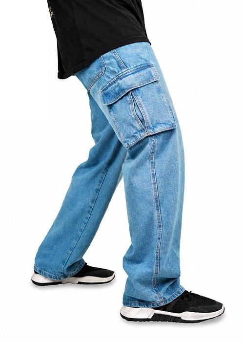 Men’s Washed Blue Denim Cargo Relaxed Fit Jeans