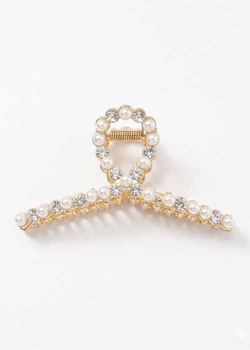 Gold Pearl Crystal Cross Hair Claw Clip