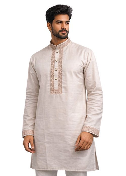 Men’s Beige Cotton Embroidered Festive Panjabi