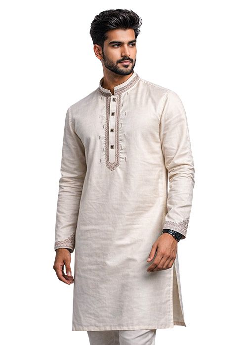 Men’s Beige Cotton Embroidered Classic Panjabi