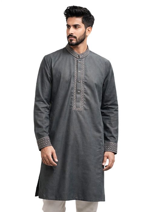 Men’s Charcoal Grey Cotton Embroidered Festive Panjabi