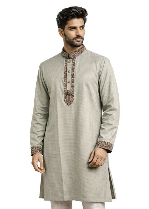 Men’s Olive Textured Cotton Embroidered Festive Panjabi