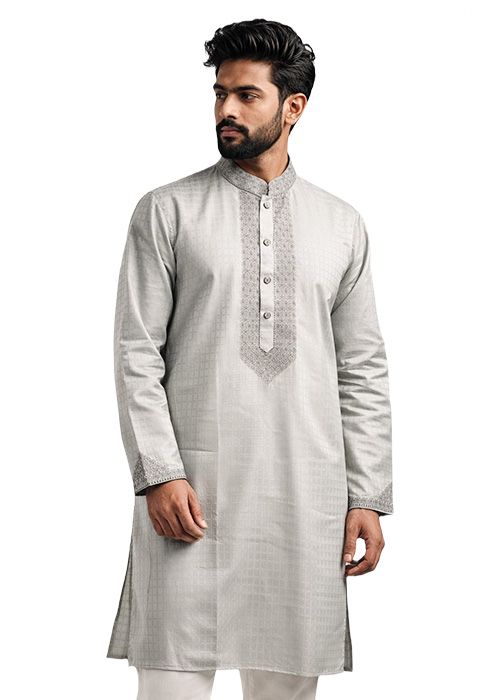Men’s Light Grey Textured Cotton Embroidered Panjabi