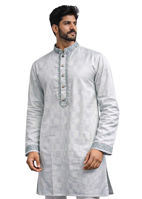 Men’s Silver Grey Textured Cotton Embroidered Panjabi