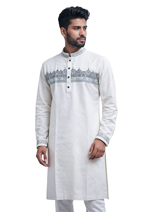 Men’s Off-White Cotton Embroidered Panjabi