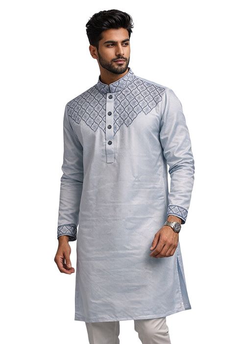 Men’s Light Blue Cotton Embroidered Panjabi