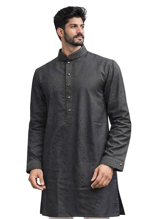 Men’s Black Jacquard Cotton Embroidered Panjabi