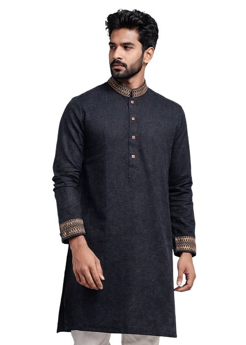 Men’s Navy Blue Textured Cotton Embroidered Panjabi
