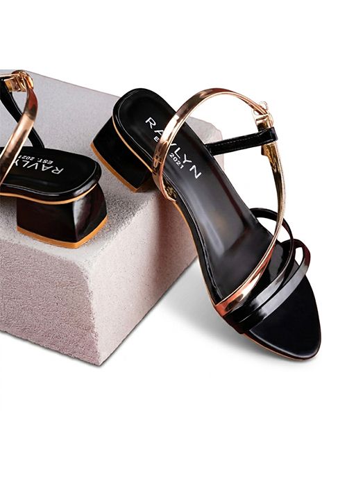 Noir Black & Gold Strap Block Heel Sandals