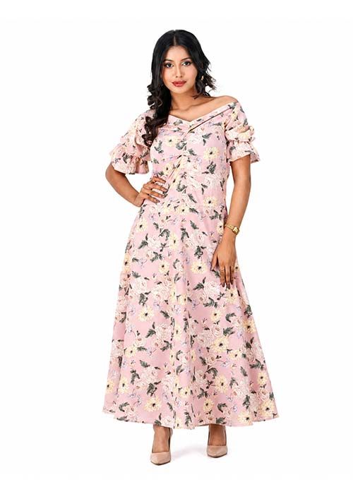 Pink Floral Off-Shoulder Gown Dress