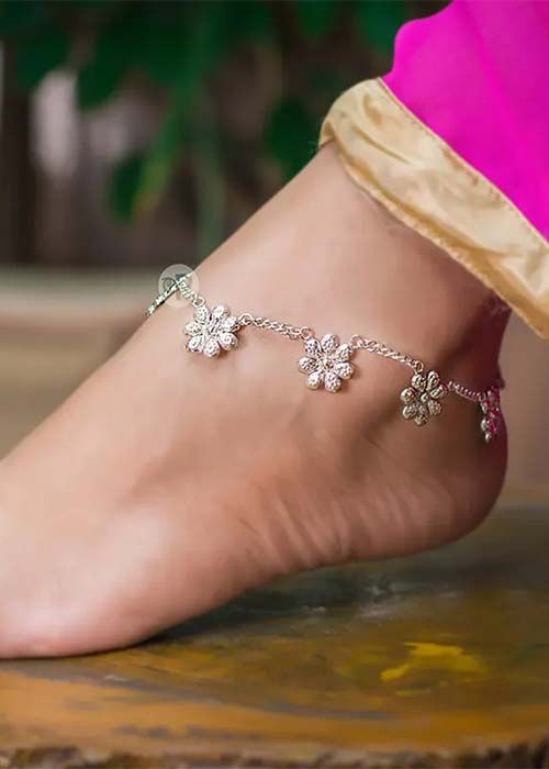 Silver Floral Charm Anklet Chain Set