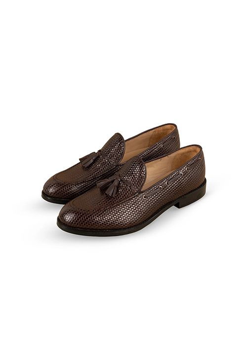 Brown Patterned Leather Tassel Loafers