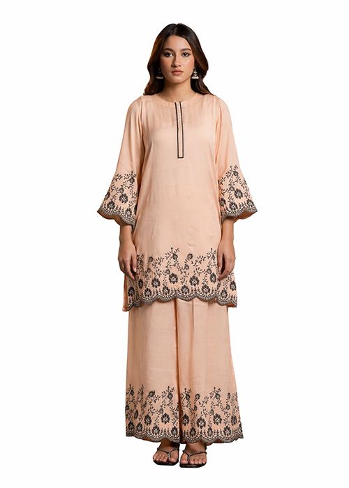 Peach Embroidered Cotton Kurta Palazzo Set