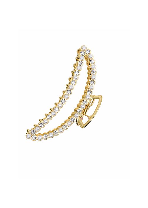 Gold Pearl Crystal Double Curve Hair Claw Clip
