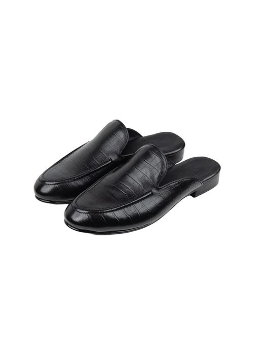 Black Croc Texture Leather Mules