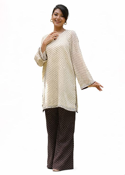Beige Polka Dot Cotton Kurta Set