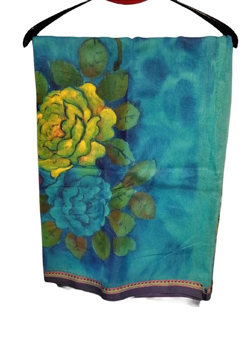 Teal Blue Floral Hand Painted Half Silk Saree