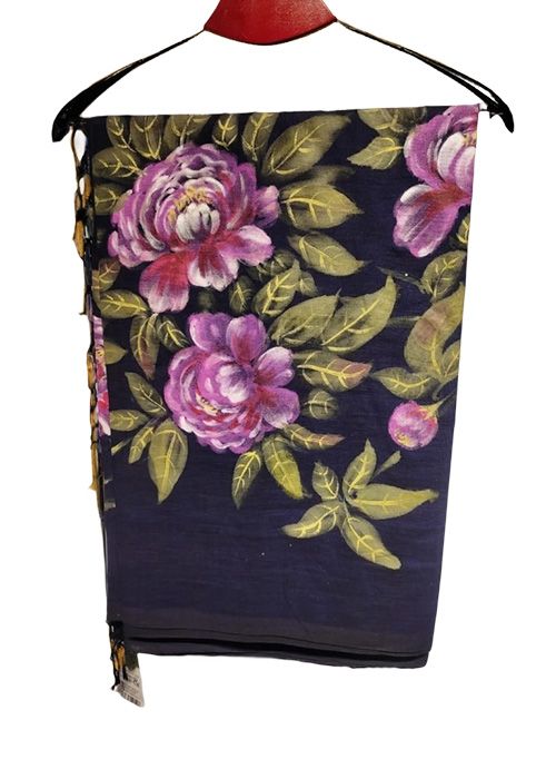 Navy Floral Hand Painted Cotton Saree