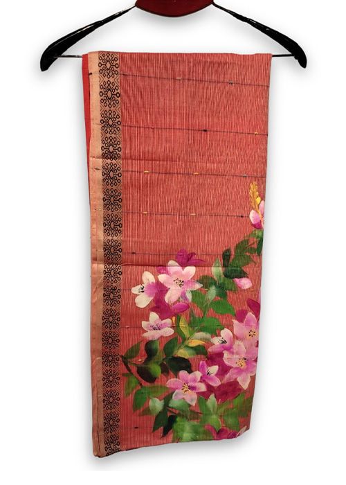 Rust Floral Hand Painted Cotton Saree