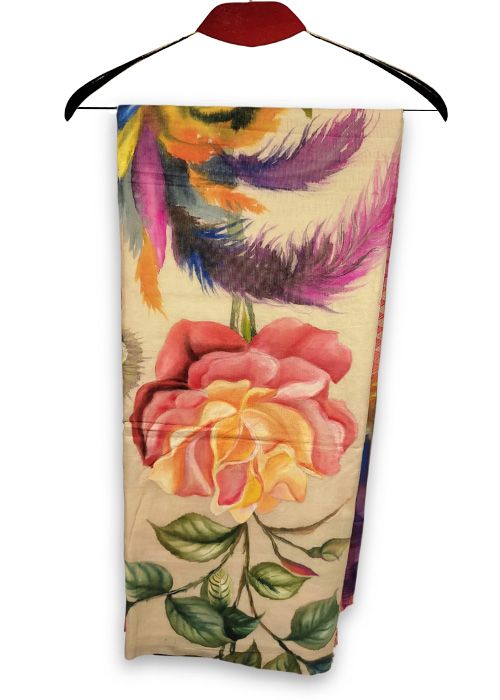 Beige Rose Hand Painted Cotton Saree