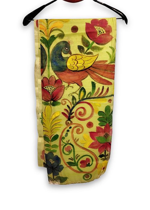 Yellow Bird Hand Painted Cotton Saree