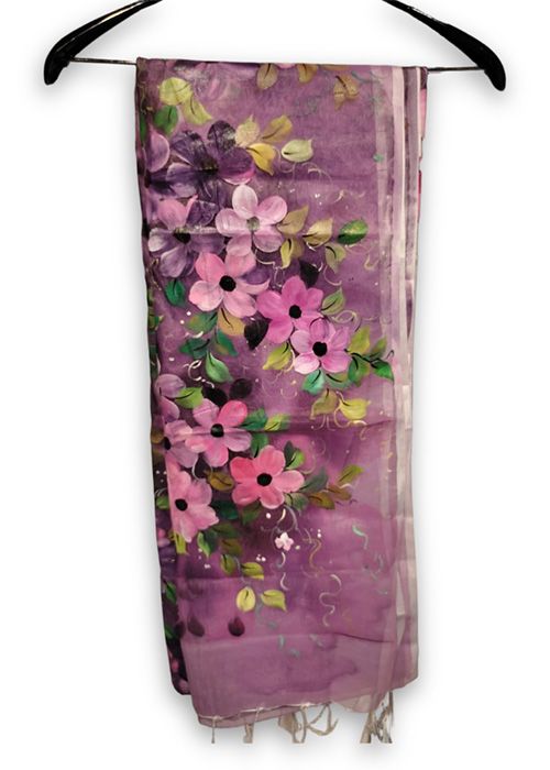 Purple Hand Painted Semi Muslin Saree