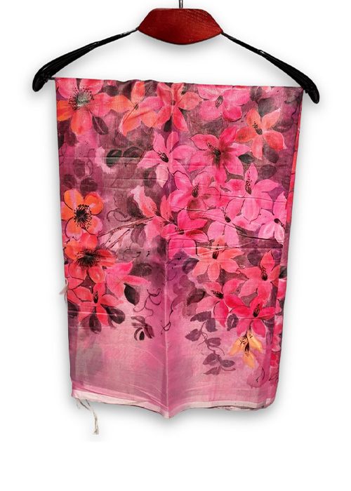 Pink Floral Hand Painted Semi Muslin Saree