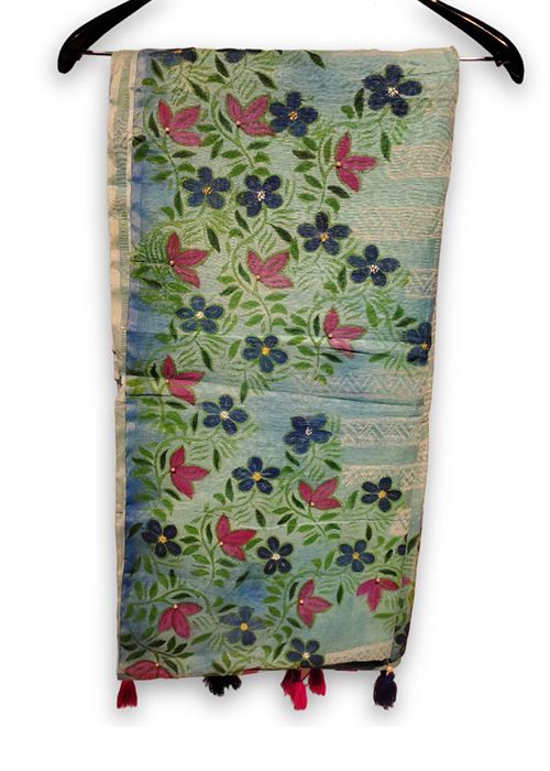 Mint Green Hand Painted Semi Muslin Saree