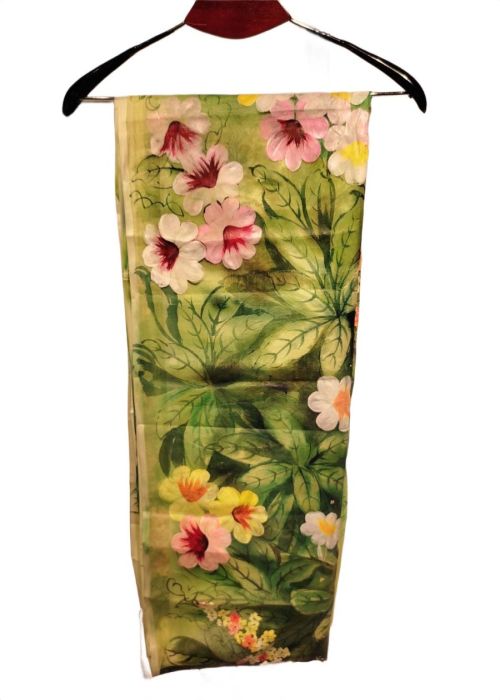 Olive Green Hand Painted Semi Muslin Saree