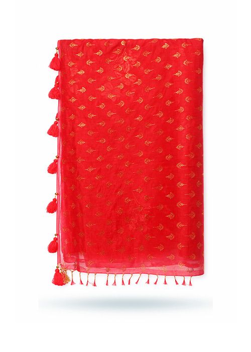 Red Gold Muslin Foil Saree