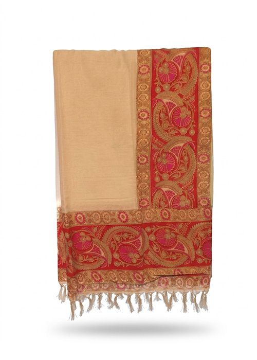 Beige Red Cotton Saree With Blouse