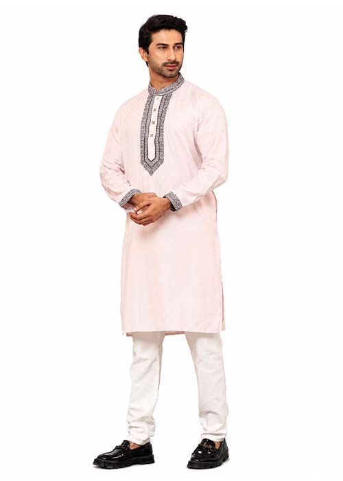 Men’s Blush Pink Embroidered Cotton Panjabi