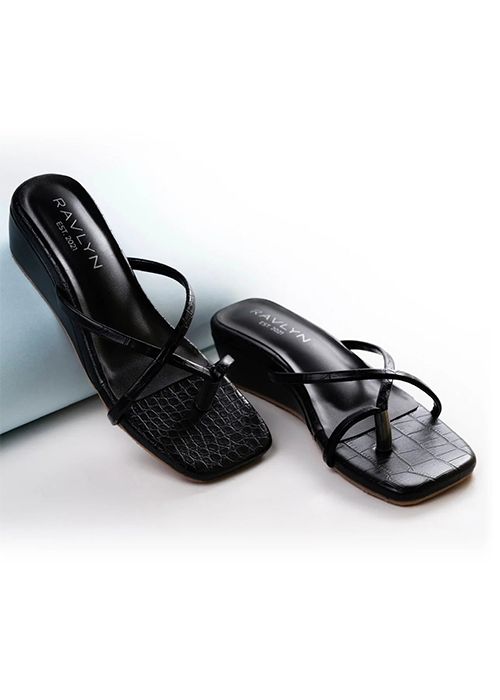 Croc Platform Black Textured Strap Flat Sandals