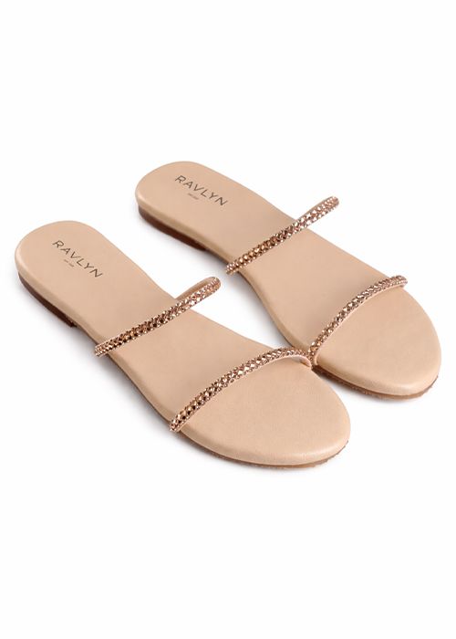 Glitterz Beige Rhinestone Strap Flat Sandals