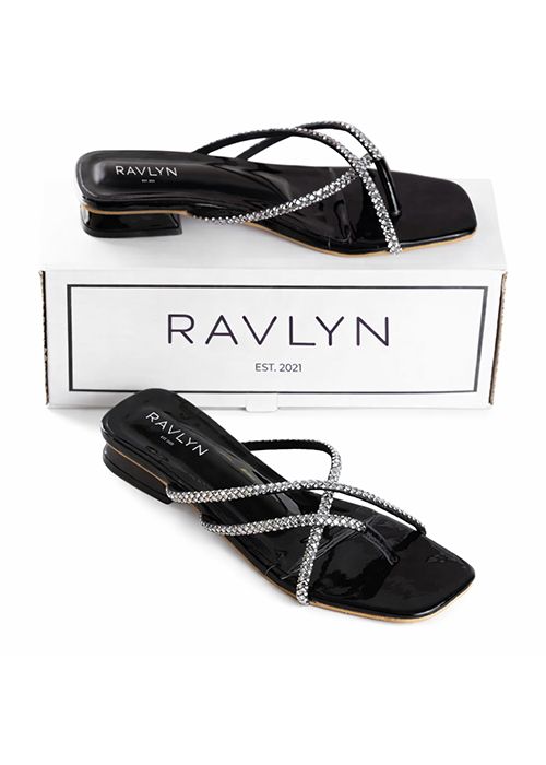 Stone Black Patent Rhinestone Strap Low Heel Sandals