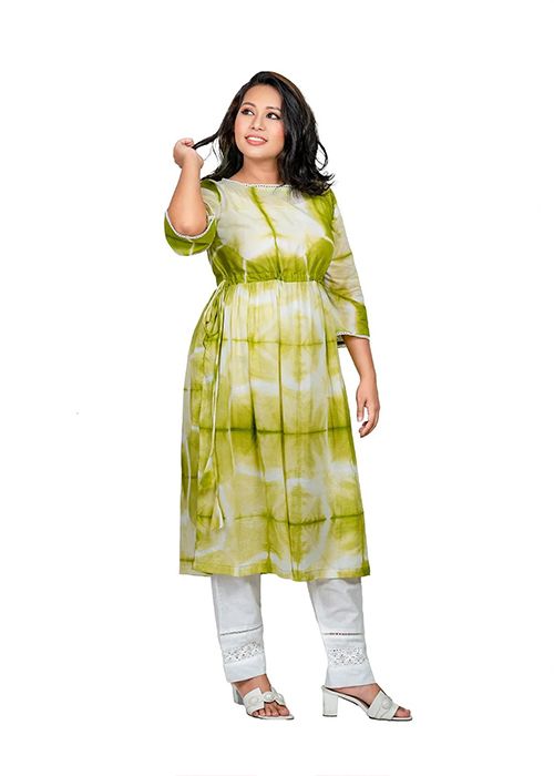 Green Tie-Dye Cotton Kurta with Waist Tie
