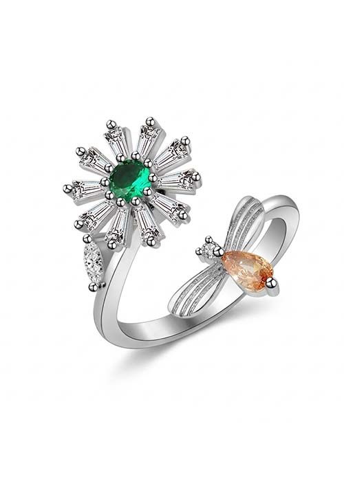 925 Sterling Silver Floral Rotatable Dual Stone Ring