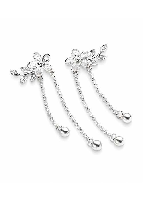 925 Sterling Silver Filigree Floral Chain Drop Earrings