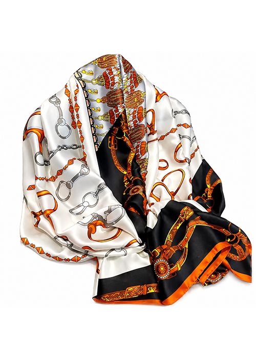 White Printed Silk Scarf – Chain Pattern Luxury Wrap